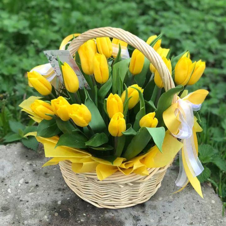 25 желтых тюльпанов в корзине в Иваново